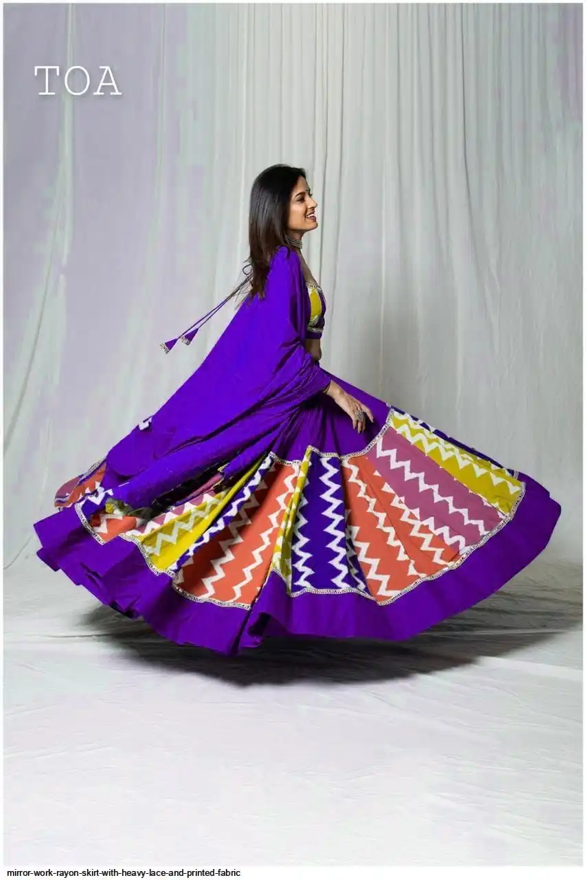 MIRROR WORK RAYON SKIRT WITH HEAVY LACE AND PRINTED FABRIC 1