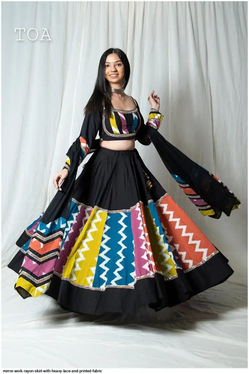MIRROR WORK RAYON SKIRT WITH HEAVY LACE AND PRINTED FABRIC 4
