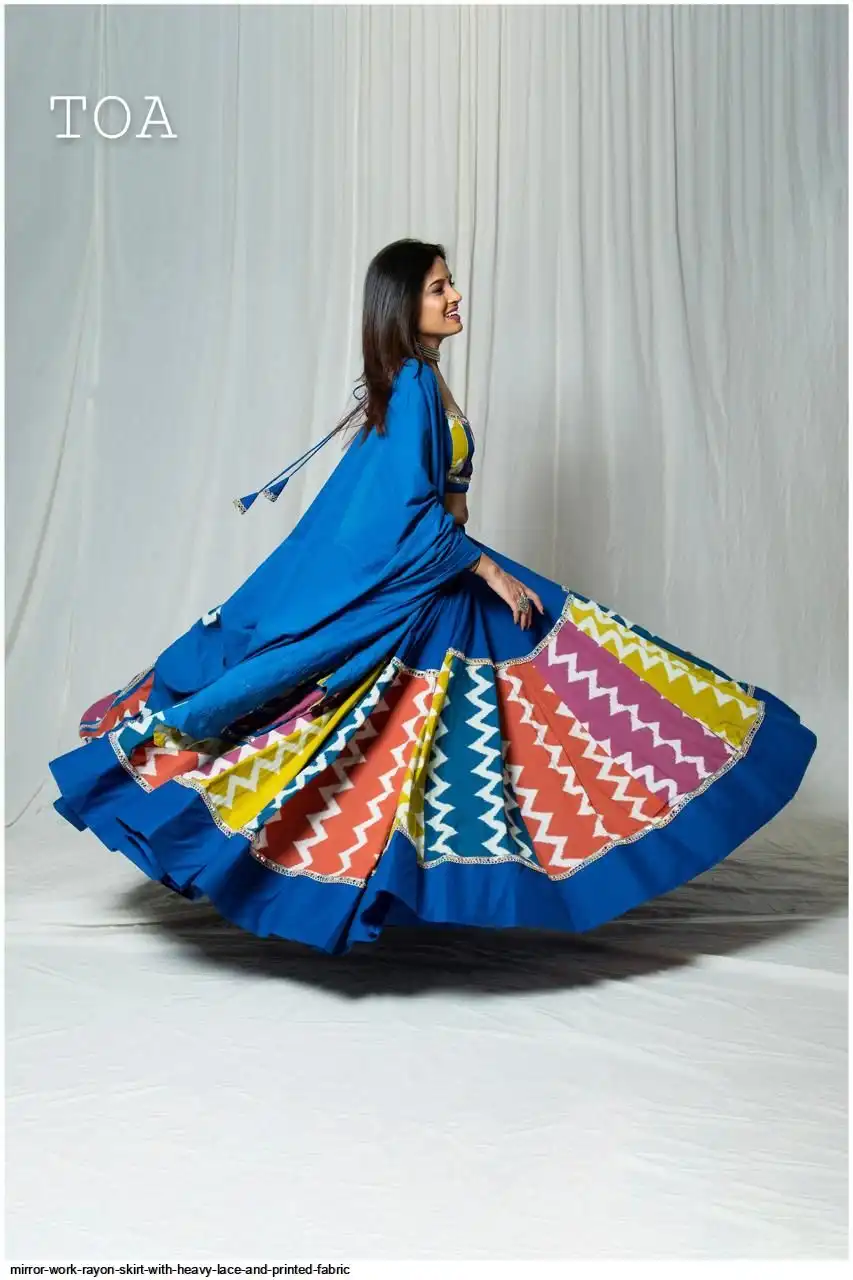 MIRROR WORK RAYON SKIRT WITH HEAVY LACE AND PRINTED FABRIC 3