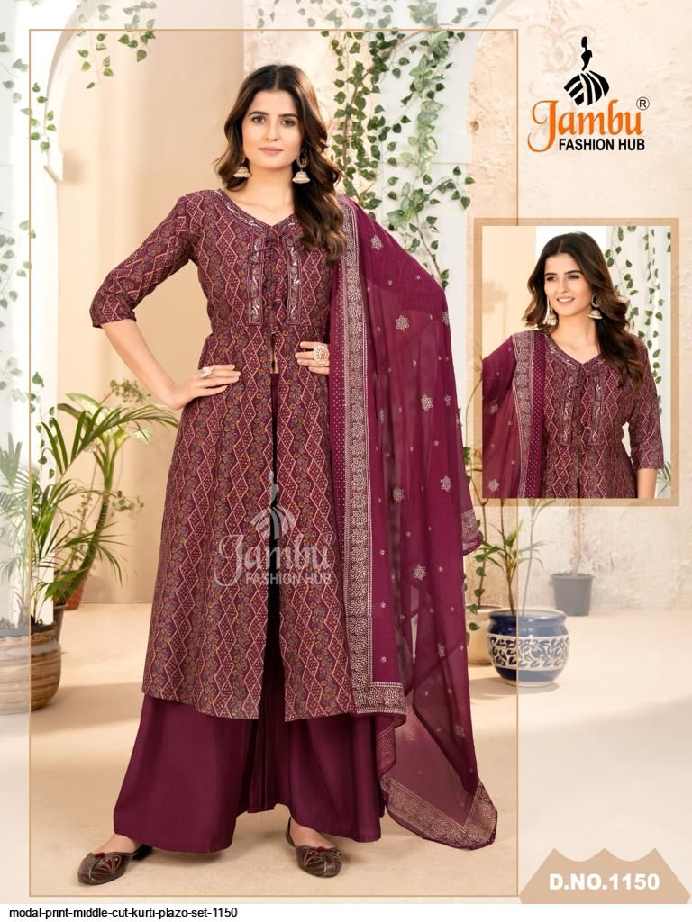 MODAL PRINT MIDDLE CUT KURTI PLAZO SET 1150