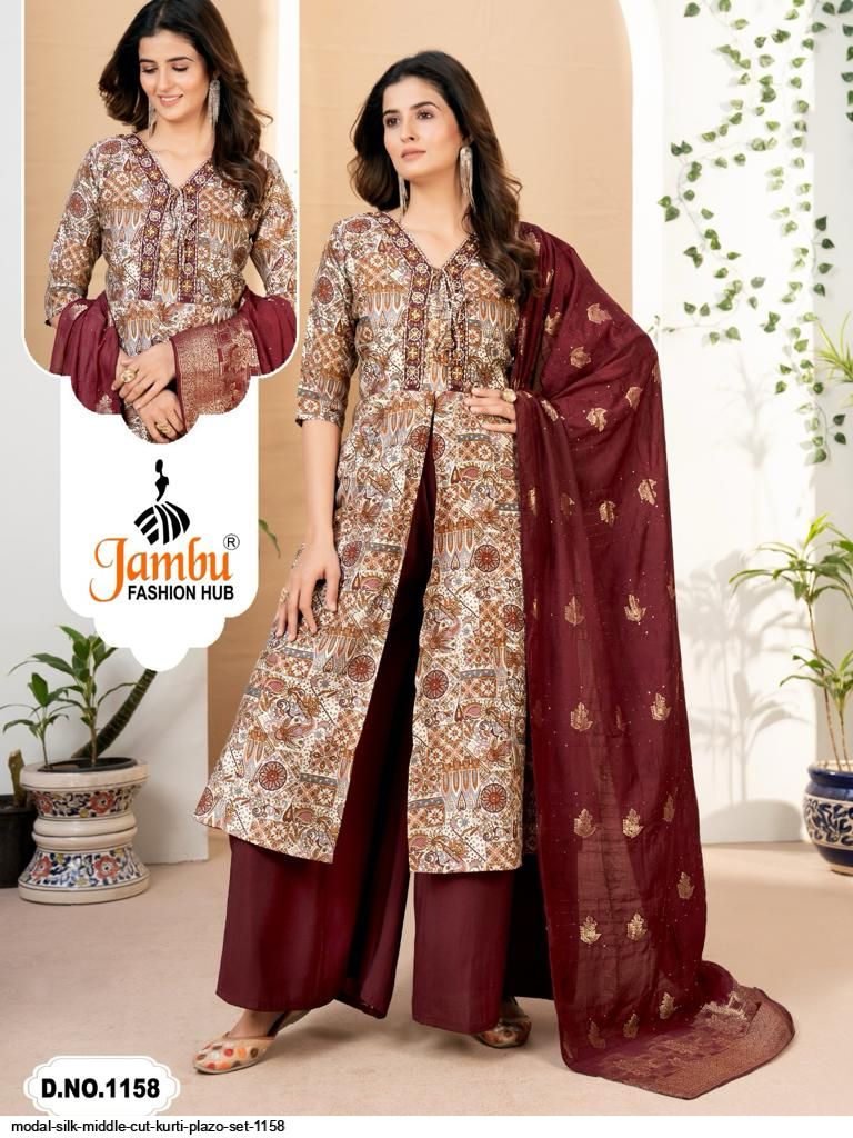 MODAL SILK MIDDLE CUT KURTI PLAZO SET 1158