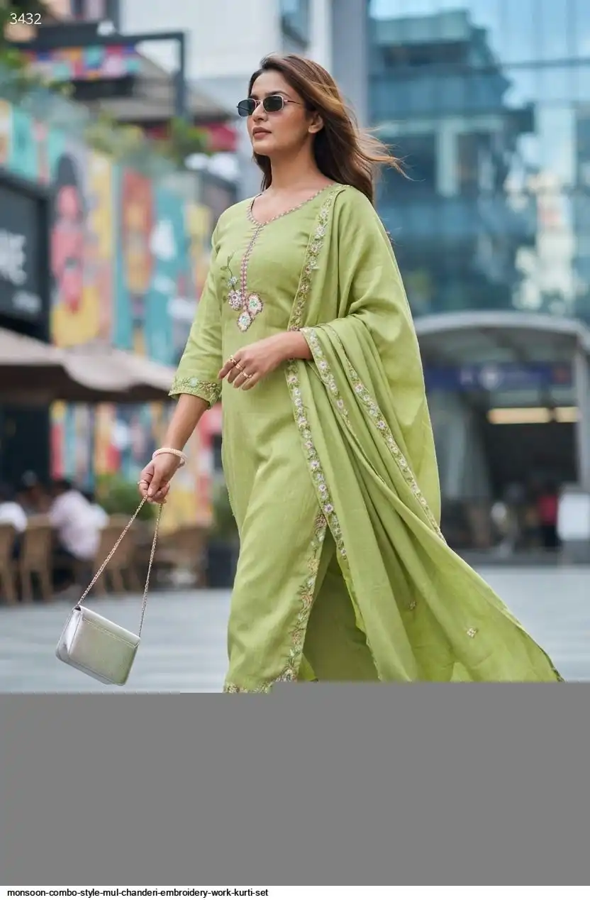 MONSOON COMBO STYLE MUL CHANDERI EMBROIDERY WORK KURTI SET B