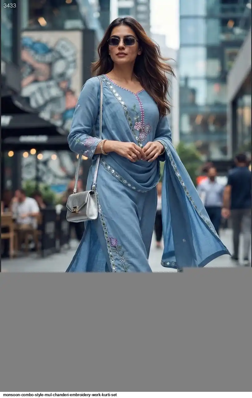 MONSOON COMBO STYLE MUL CHANDERI EMBROIDERY WORK KURTI SET C