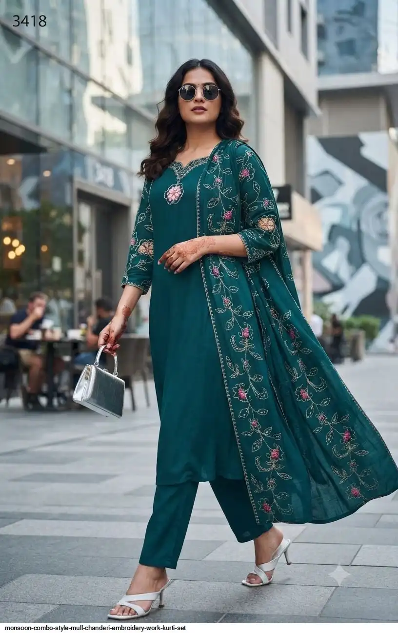 MONSOON COMBO STYLE MULL CHANDERI EMBROIDERY WORK KURTI SET B