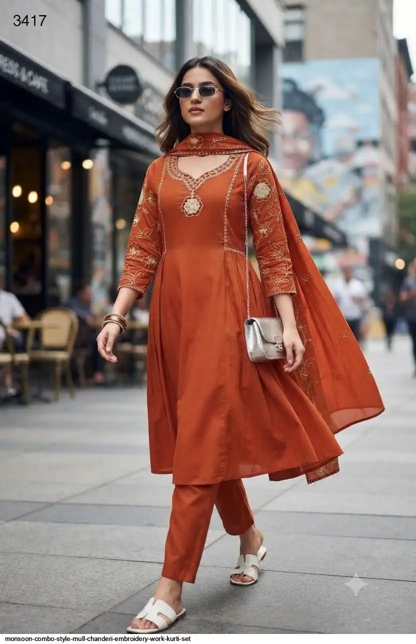 MONSOON COMBO STYLE MULL CHANDERI EMBROIDERY WORK KURTI SET C