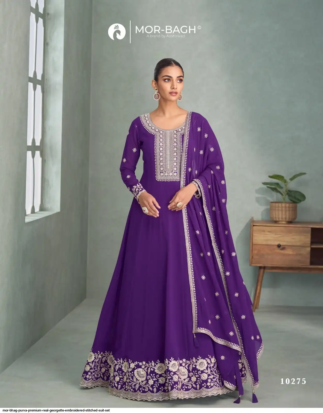 MOR BAGH PURVA PREMIUM REAL GEORGETTE EMBROIDERED STITCHED SUIT SET 10275