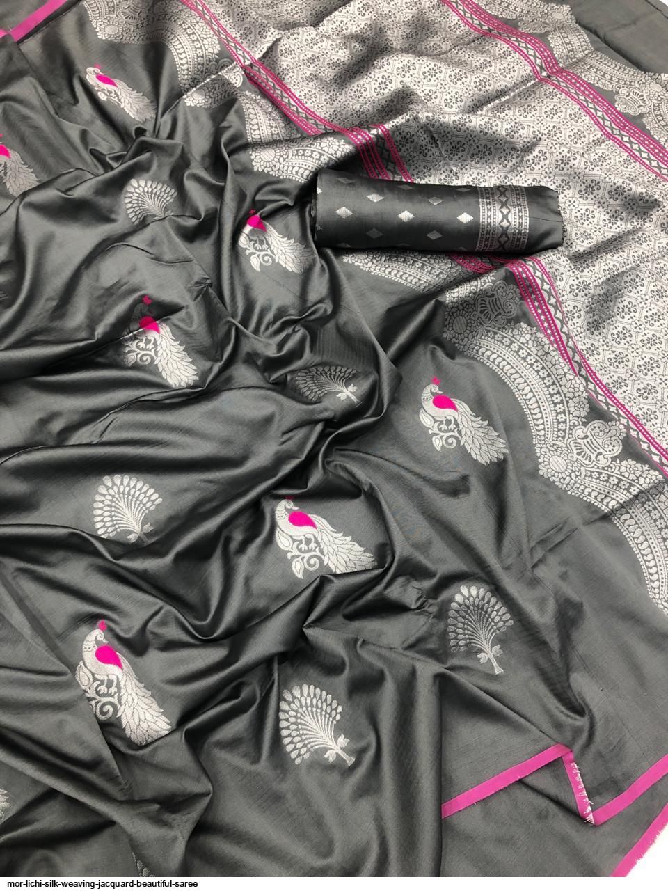 Jacquard Lichi Silk Mustard Saree With Unstiched Blouse Piece