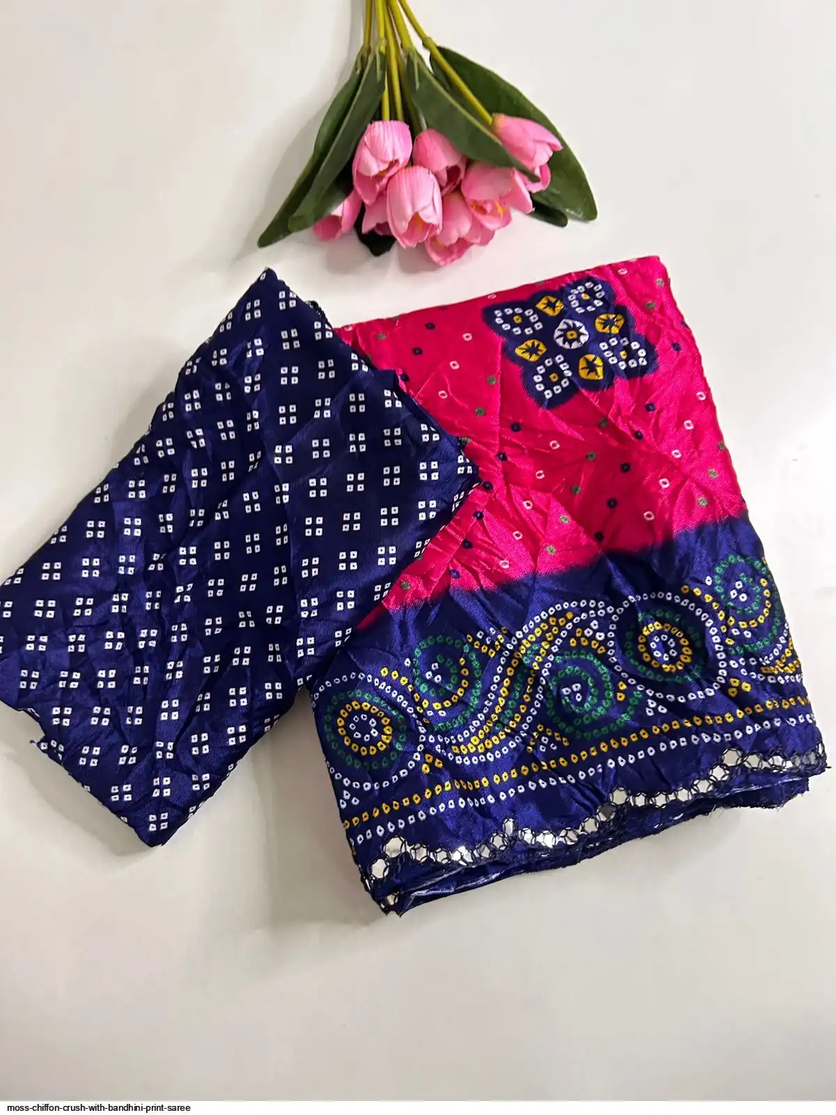 MOSS CHIFFON CRUSH WITH BANDHINI PRINT SAREE 1