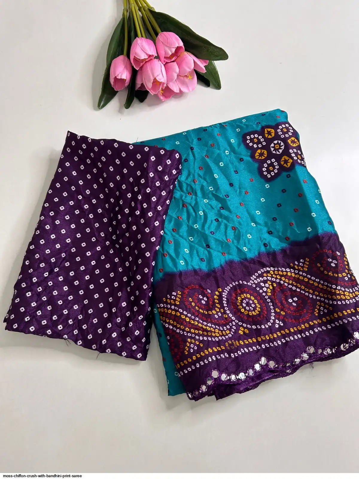 MOSS CHIFFON CRUSH WITH BANDHINI PRINT SAREE 2