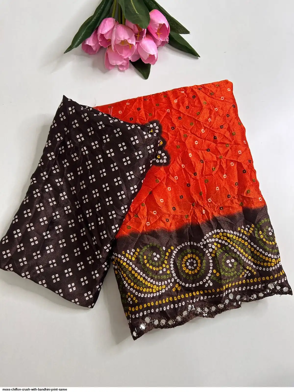 MOSS CHIFFON CRUSH WITH BANDHINI PRINT SAREE 3