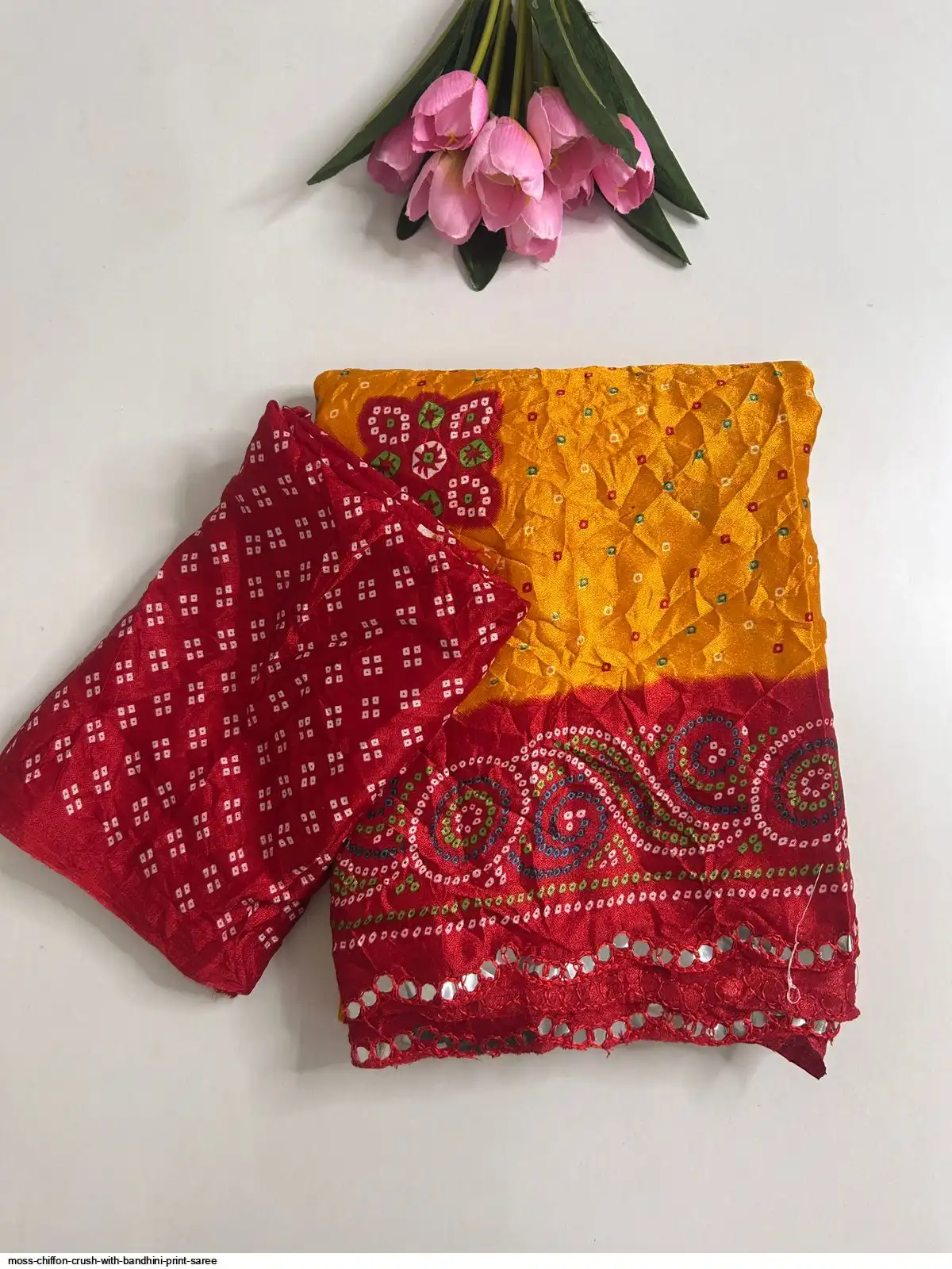MOSS CHIFFON CRUSH WITH BANDHINI PRINT SAREE 5