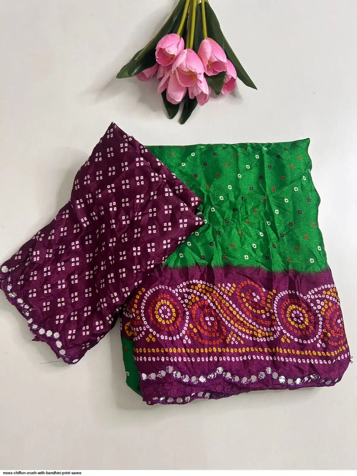 MOSS CHIFFON CRUSH WITH BANDHINI PRINT SAREE 6