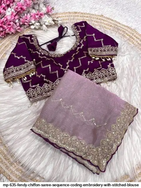 MP 635 FENDY CHIFFON SAREE SEQUENCE CODING EMBROIDERY WITH STITCHED BLOUSE B