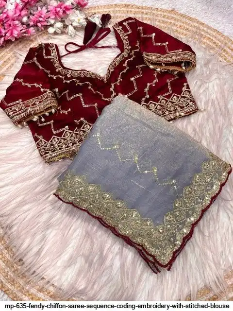 MP 635 FENDY CHIFFON SAREE SEQUENCE CODING EMBROIDERY WITH STITCHED BLOUSE D