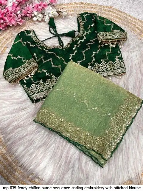 MP 635 FENDY CHIFFON SAREE SEQUENCE CODING EMBROIDERY WITH STITCHED BLOUSE C