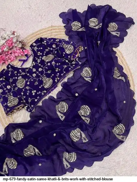 MP 679 FANDY SATIN SAREE KHATLI BRITS WORK WITH STITCHED BLOUSE A