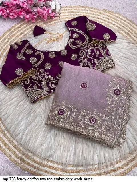 MP 736 FENDY CHIFFON TWO TON EMBROIDERY WORK SAREE A