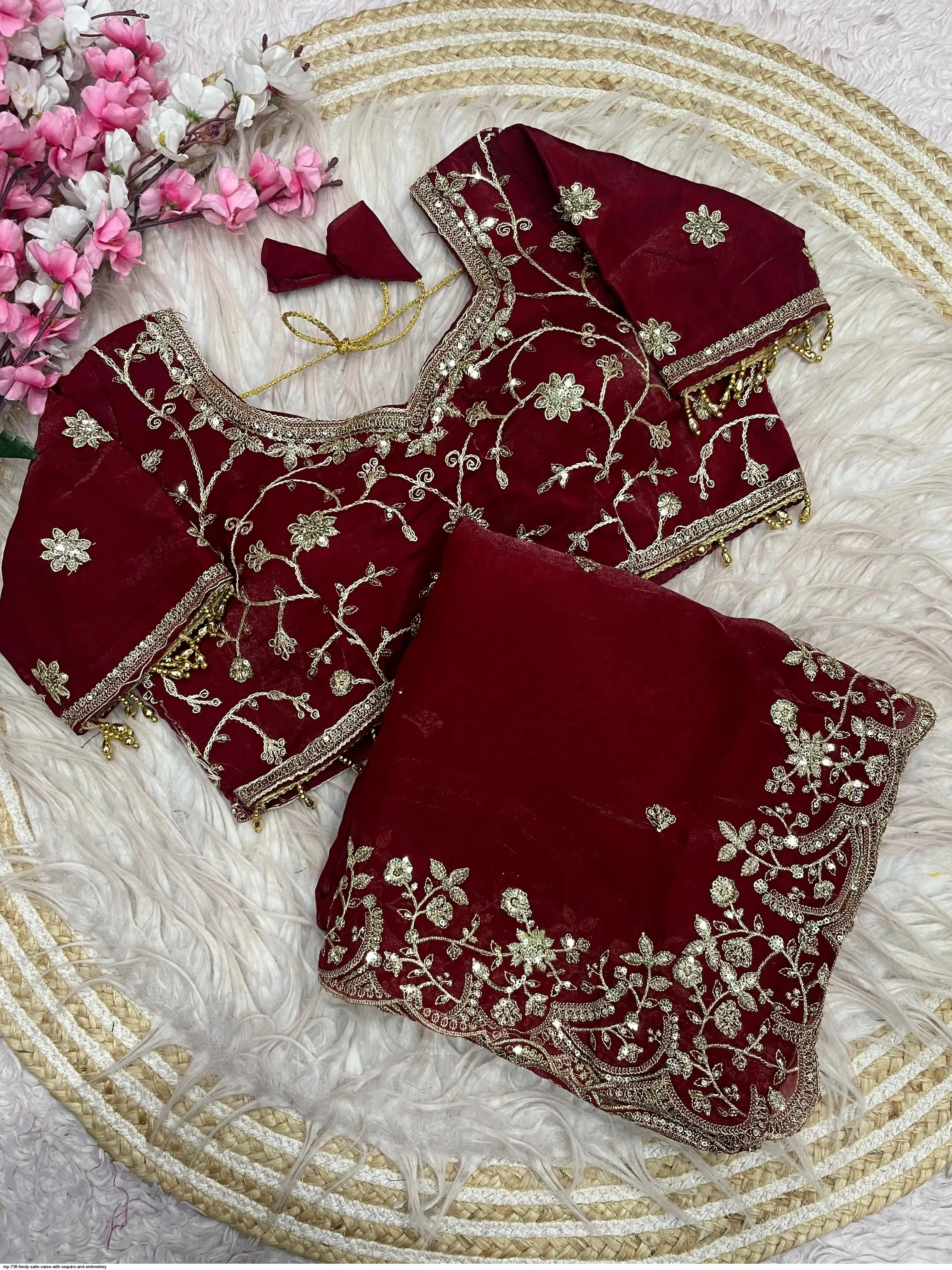 MP 738 FENDY SATIN SAREE WITH SEQUINS AND EMBROIDERY A