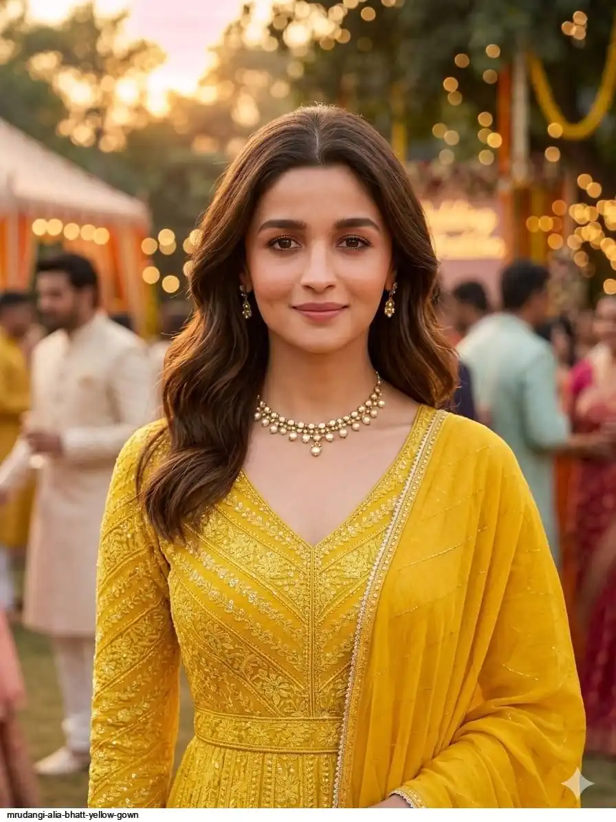Mrudangi Alia Bhatt Yellow Gown Premium Georgette Mrudangi Alia Bhatt Yellow Gown Premium Georgette