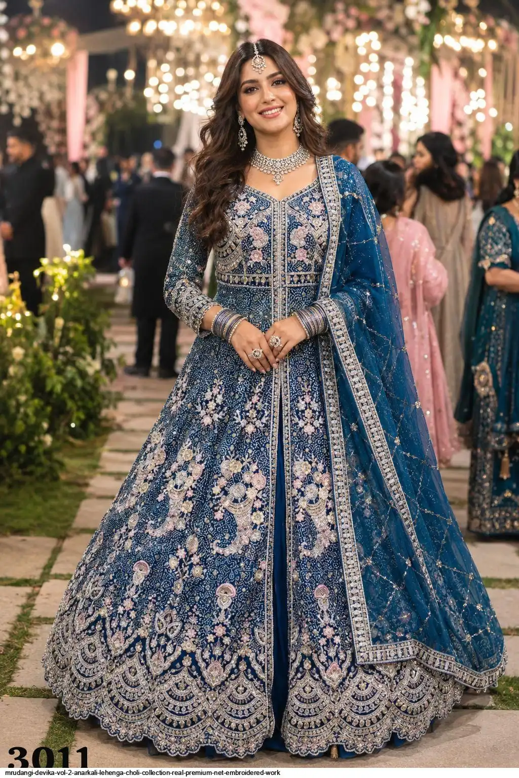 MRUDANGI DEVIKA VOL 2 ANARKALI LEHENGA CHOLI COLLECTION REAL PREMIUM NET EMBROIDERED WORK 3011