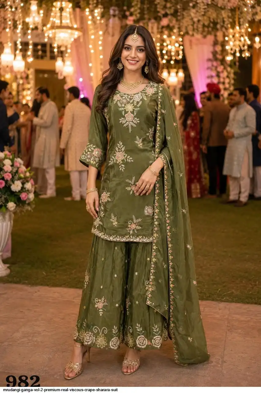 MRUDANGI GANGA VOL 2 PREMIUM REAL VISCOUS CRAPE SHARARA SUIT 982