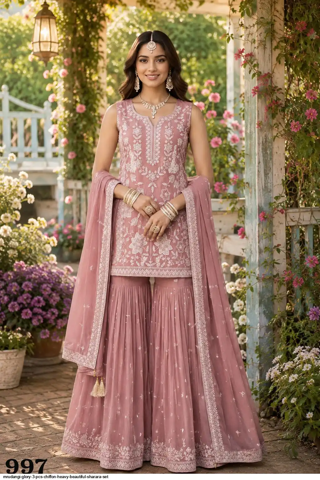MRUDANGI GLORY 3 PCS CHIFFON HEAVY BEAUTIFUL SHARARA SET 1