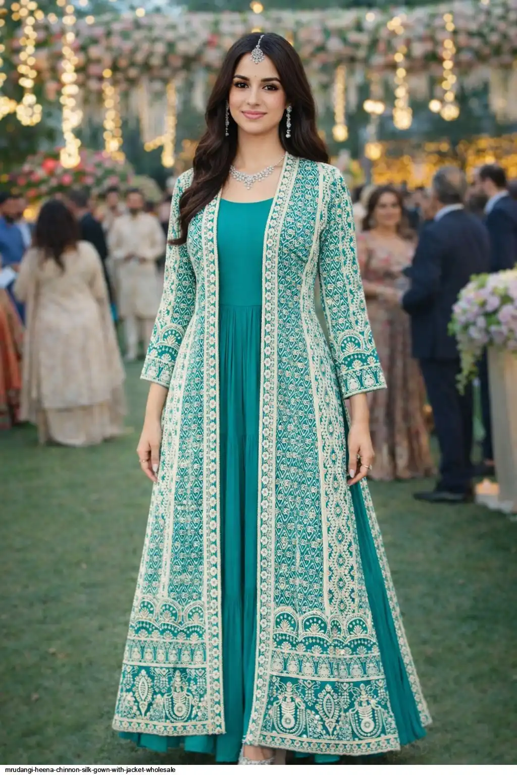 MRUDANGI HEENA CHINNON SILK GOWN WITH JACKET WHOLESALE 858