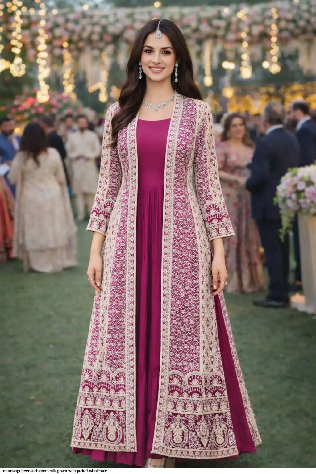 MRUDANGI HEENA CHINNON SILK GOWN WITH JACKET WHOLESALE 857