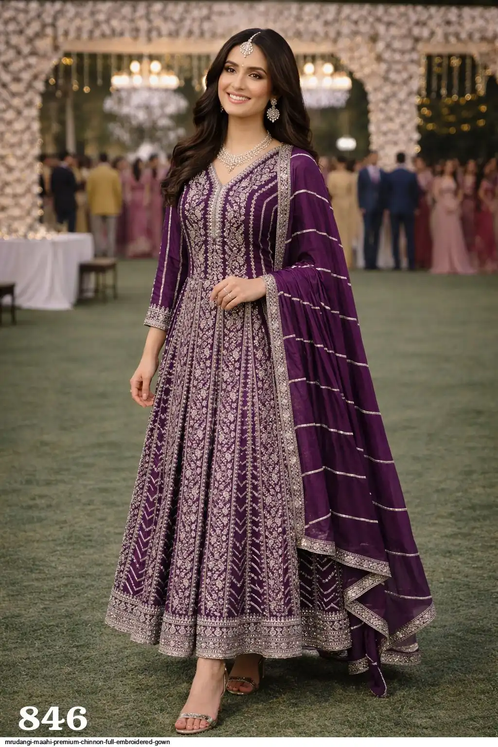 MRUDANGI MAAHI PREMIUM CHINNON FULL EMBROIDERED GOWN 846