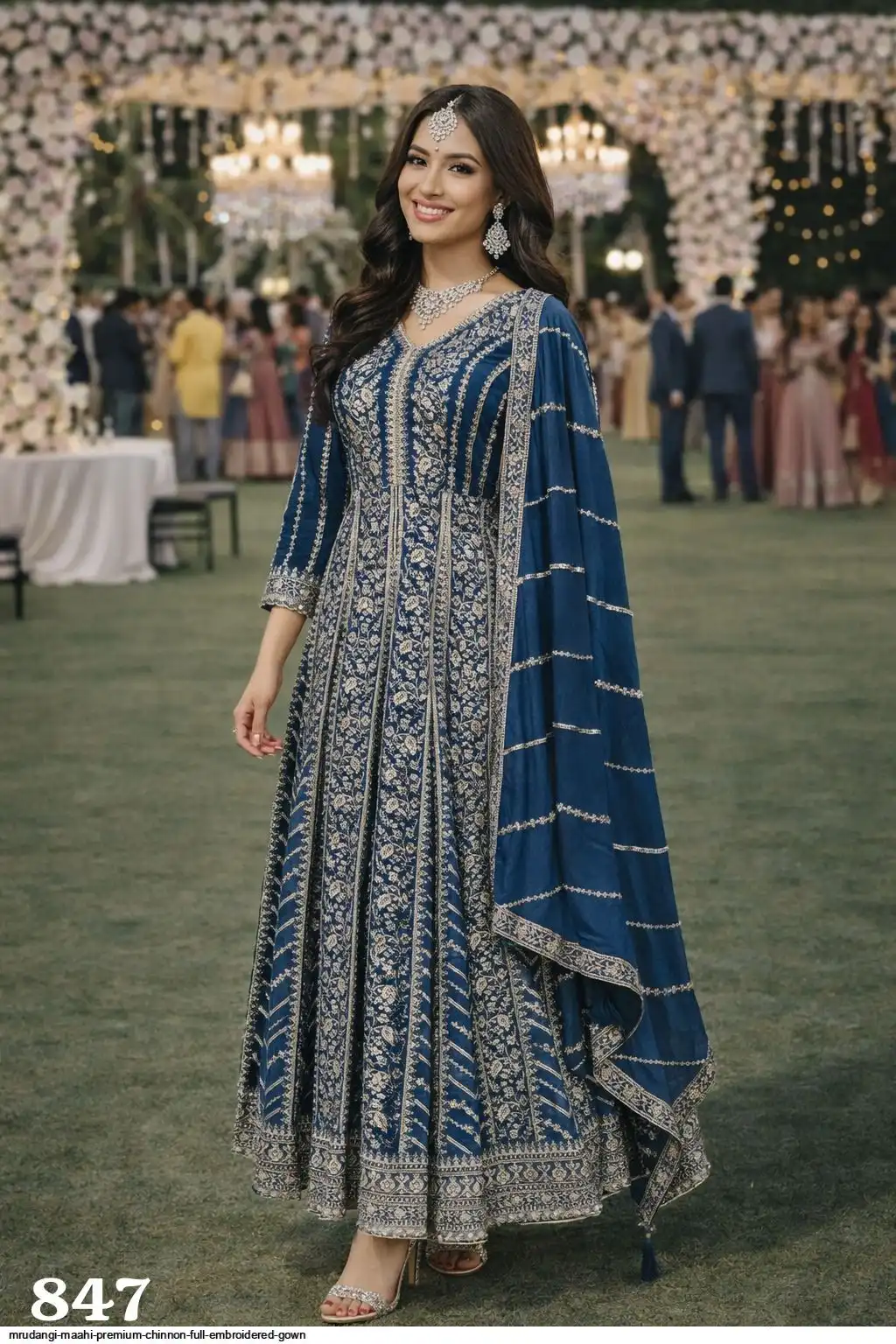 MRUDANGI MAAHI PREMIUM CHINNON FULL EMBROIDERED GOWN 847