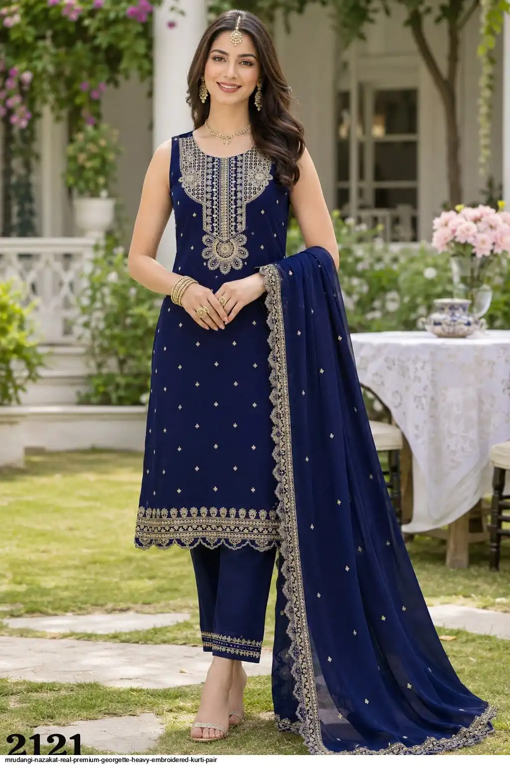 MRUDANGI NAZAKAT REAL PREMIUM GEORGETTE HEAVY EMBROIDERED KURTI PAIR 2121