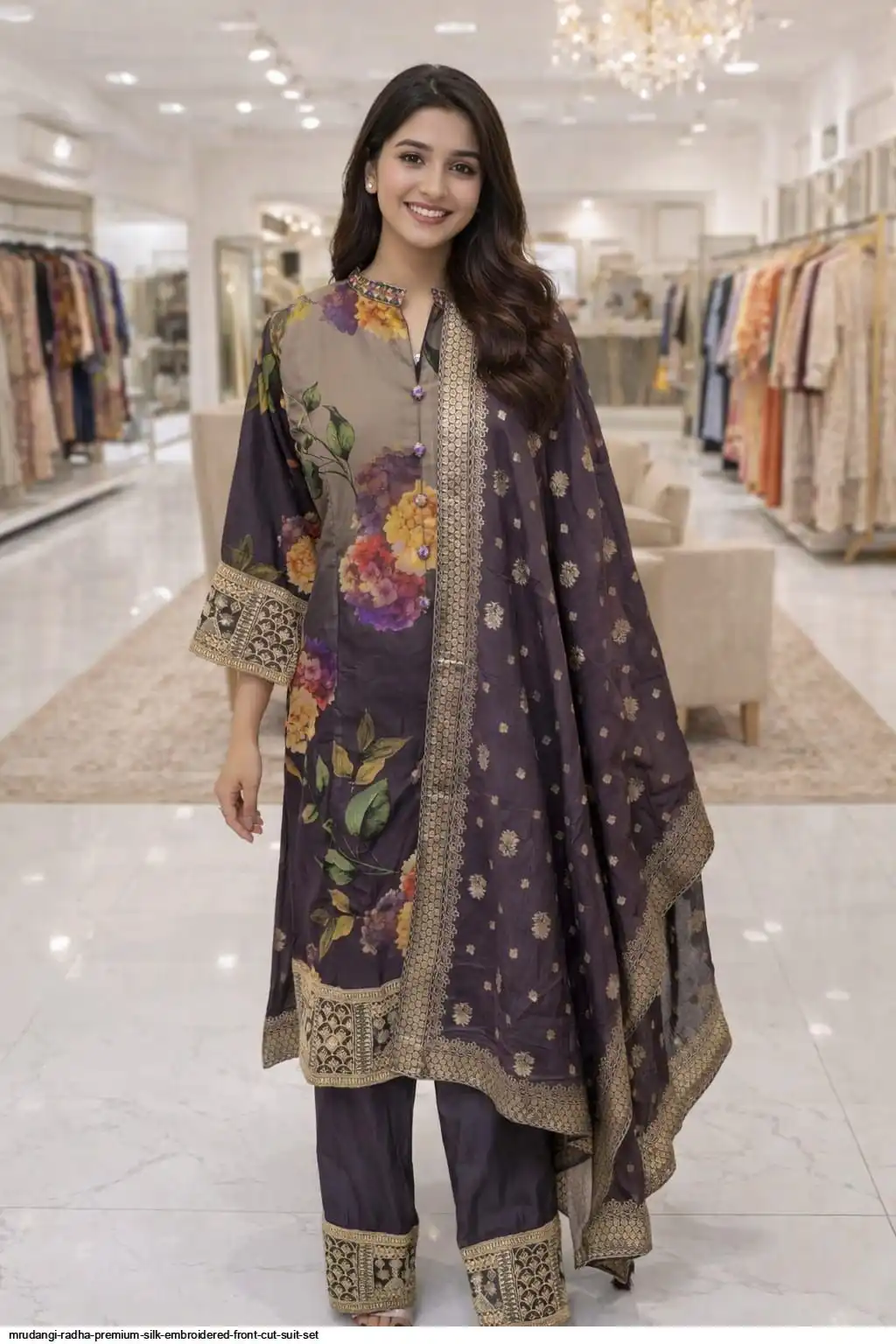 MRUDANGI RADHA PREMIUM SILK EMBROIDERED FRONT CUT SUIT SET 824