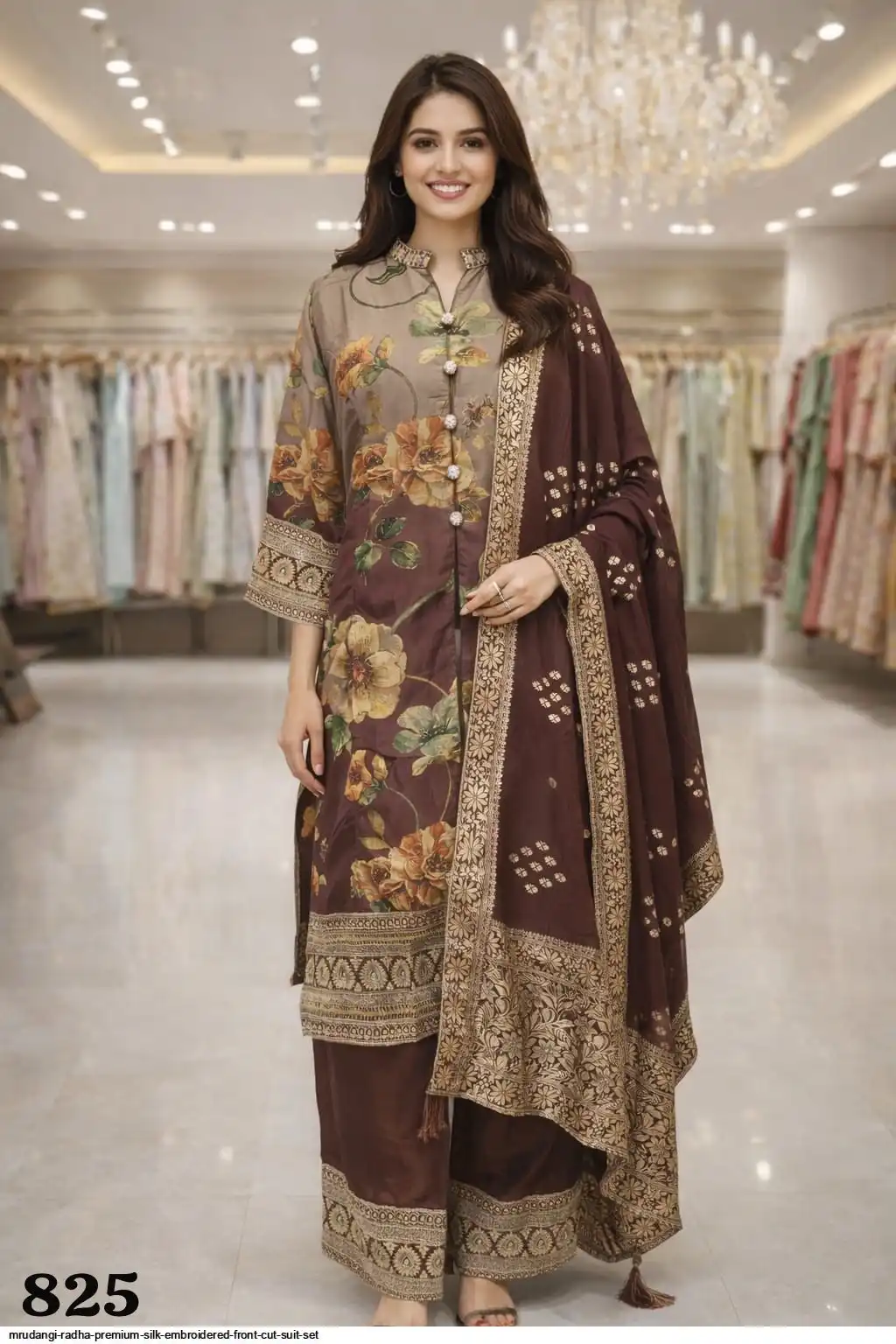MRUDANGI RADHA PREMIUM SILK EMBROIDERED FRONT CUT SUIT SET 825