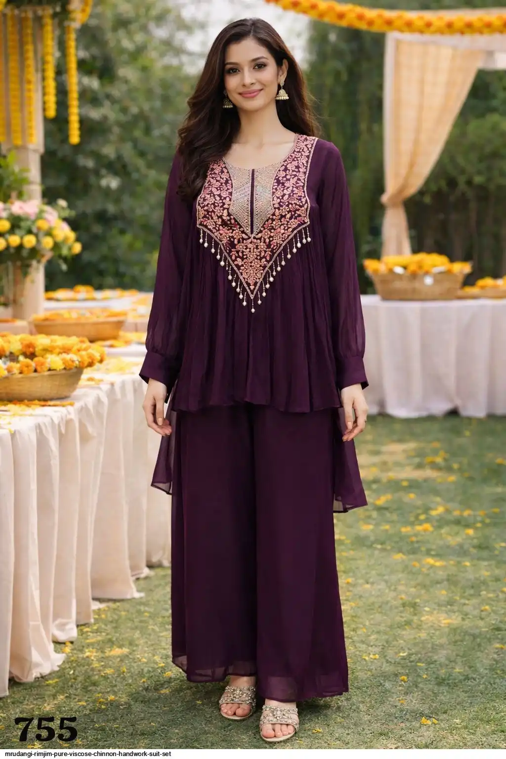 MRUDANGI RIMJIM PURE VISCOSE CHINNON HANDWORK SUIT SET 755