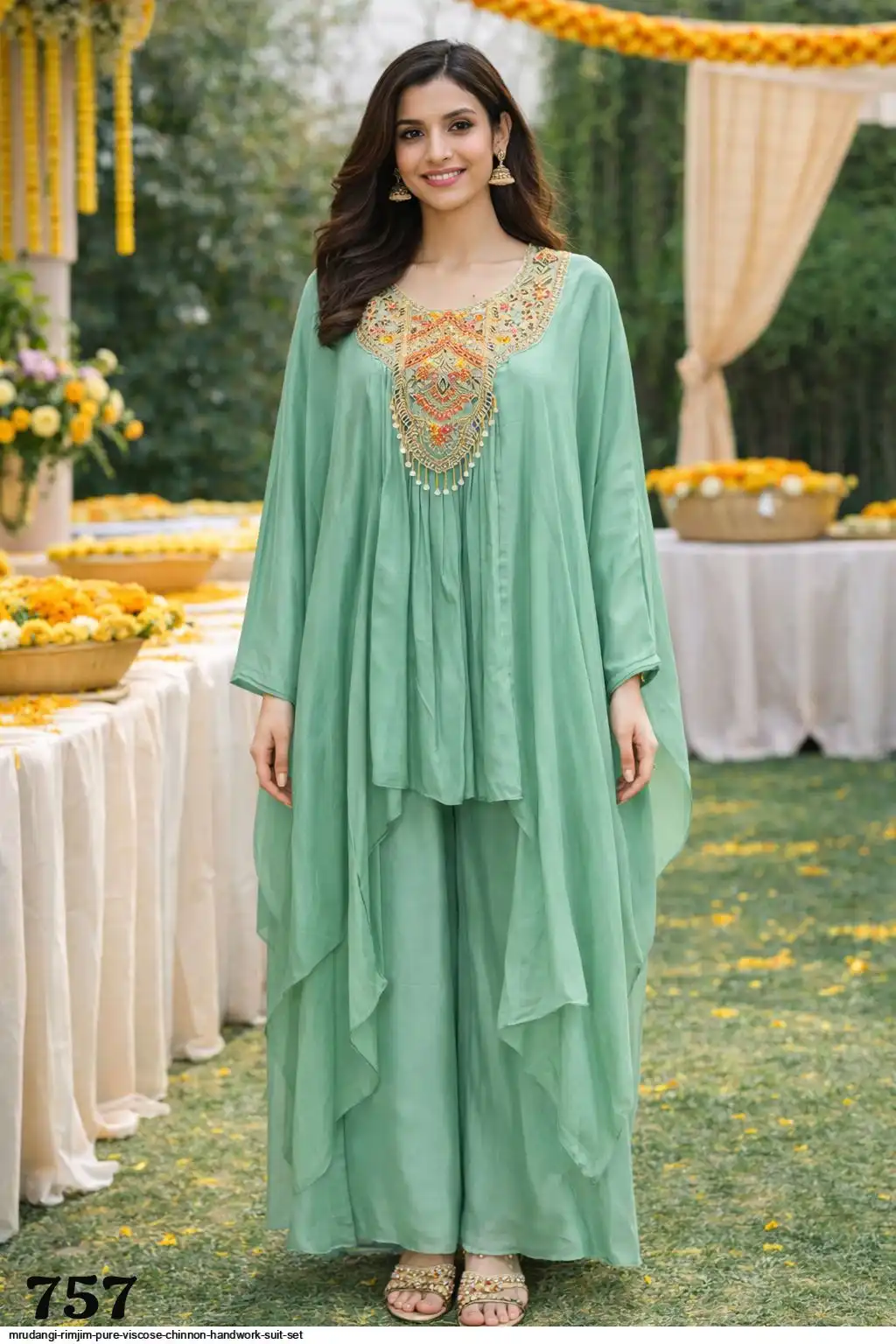 MRUDANGI RIMJIM PURE VISCOSE CHINNON HANDWORK SUIT SET 757