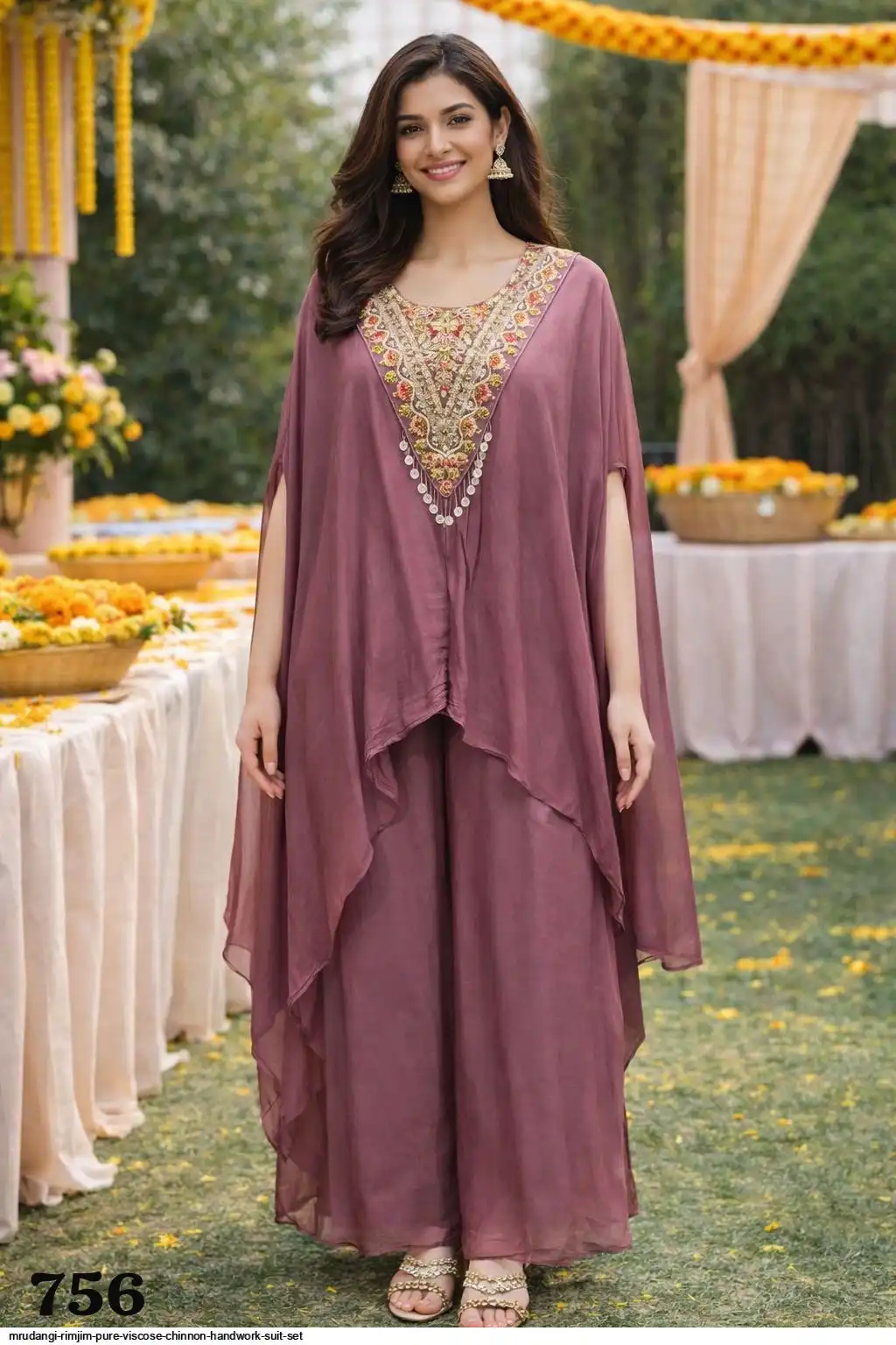 MRUDANGI RIMJIM PURE VISCOSE CHINNON HANDWORK SUIT SET 756