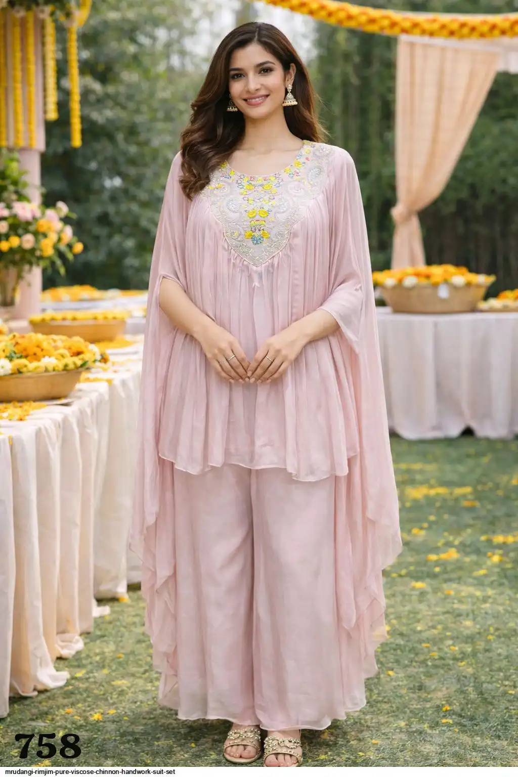 MRUDANGI RIMJIM PURE VISCOSE CHINNON HANDWORK SUIT SET 758