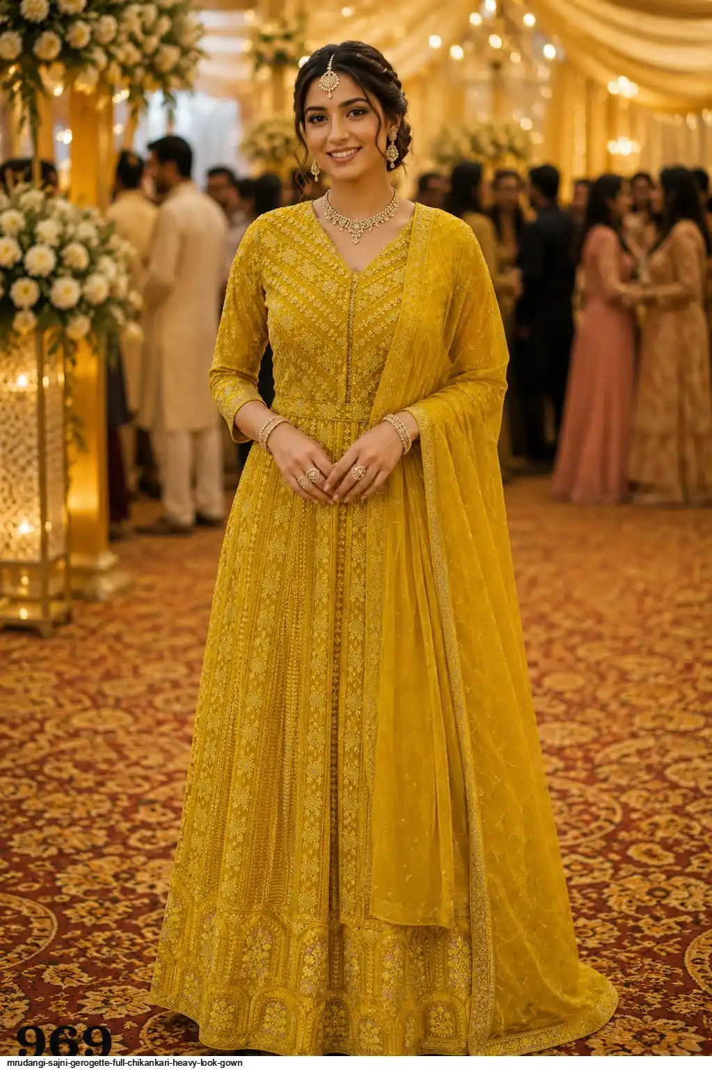 MRUDANGI SAJNI GEROGETTE FULL CHIKANKARI HEAVY LOOK GOWN 969