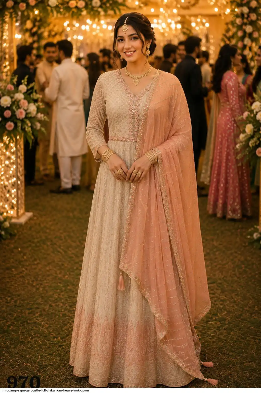 MRUDANGI SAJNI GEROGETTE FULL CHIKANKARI HEAVY LOOK GOWN 970