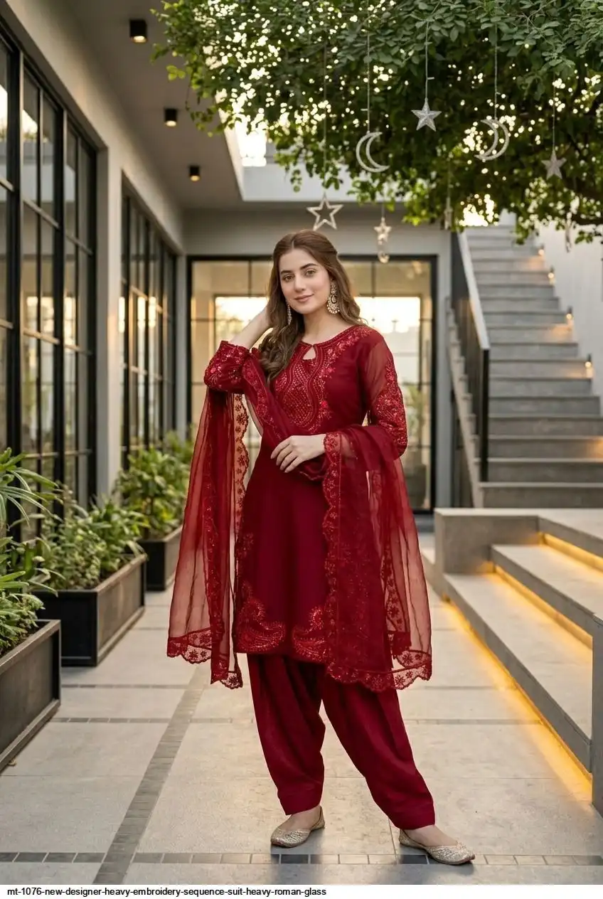 MT 1076 NEW DESIGNER HEAVY EMBROIDERY SEQUENCE SUIT HEAVY ROMAN GLASS 2