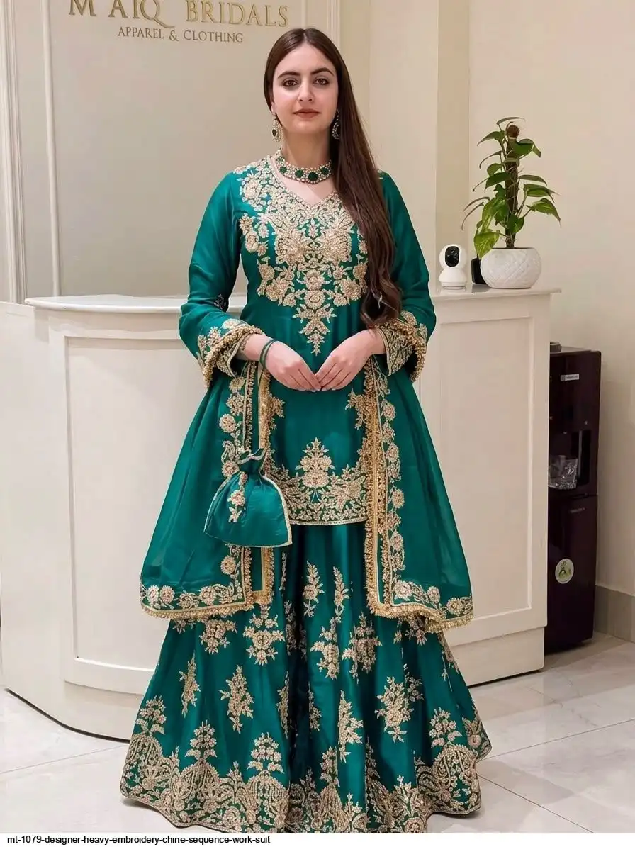 MT 1079 DESIGNER HEAVY EMBROIDERY CHINE SEQUENCE WORK SUIT A