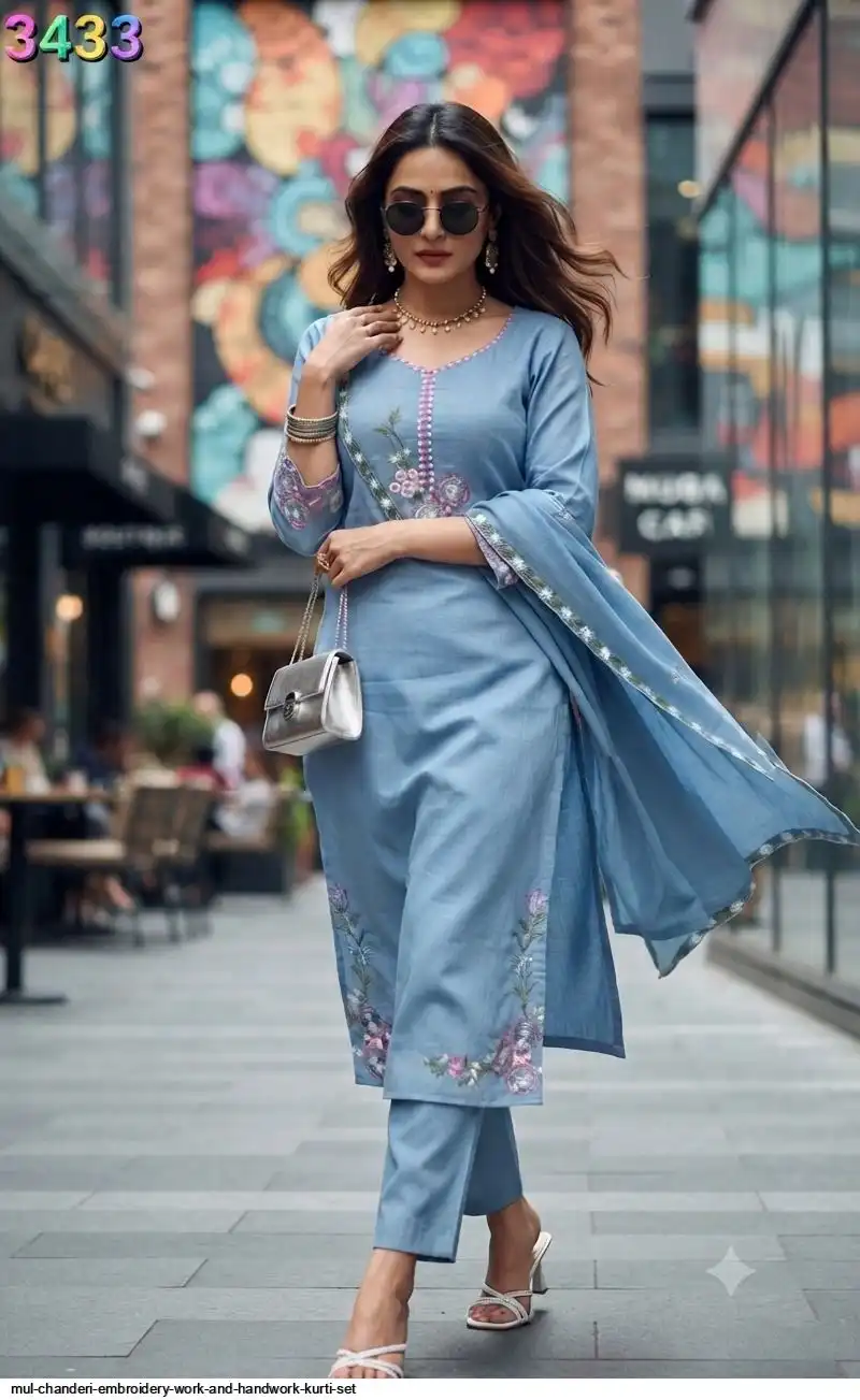 MUL CHANDERI EMBROIDERY WORK AND HANDWORK KURTI SET C