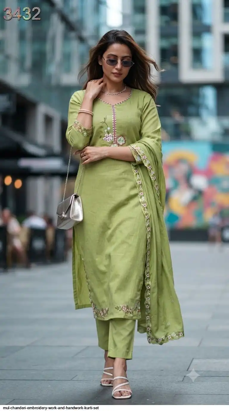 MUL CHANDERI EMBROIDERY WORK AND HANDWORK KURTI SET B