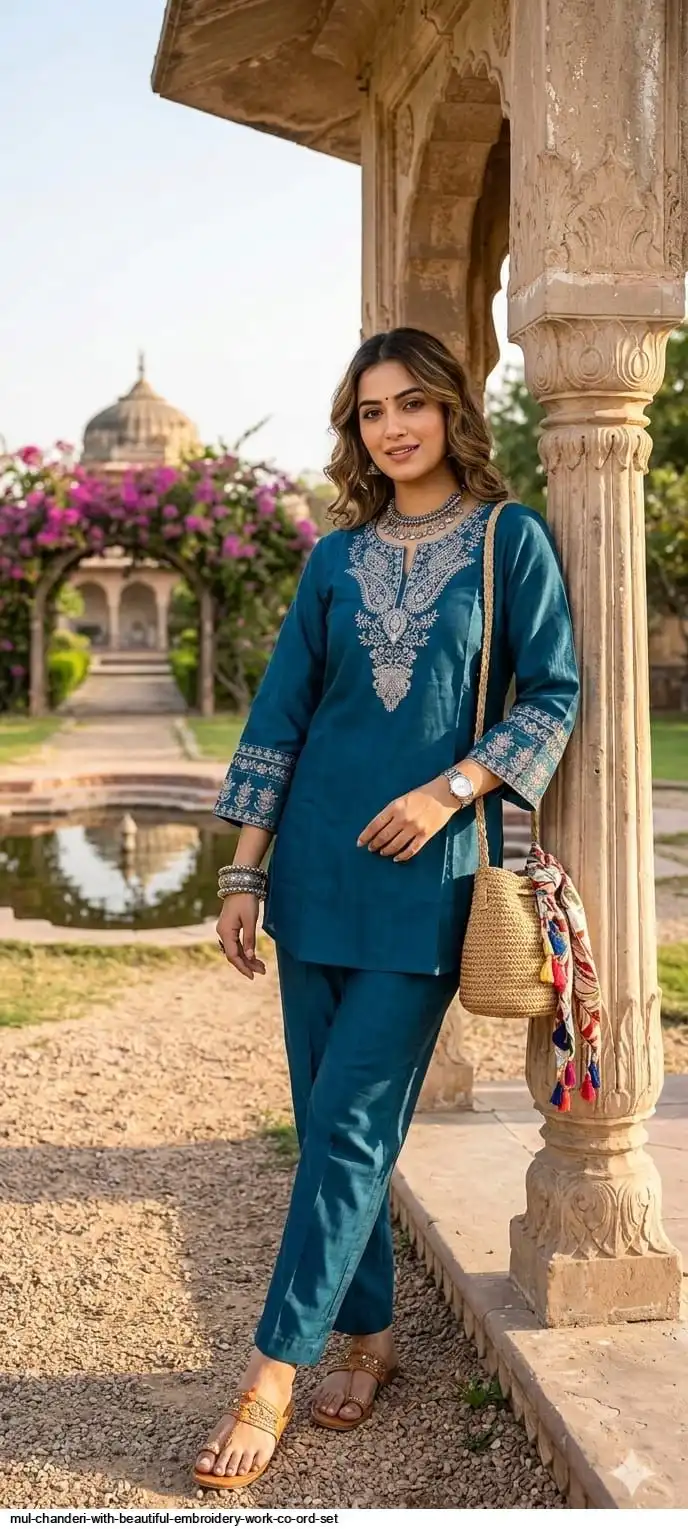 Mulchanderi Fabric with beautiful embroidery work cord set