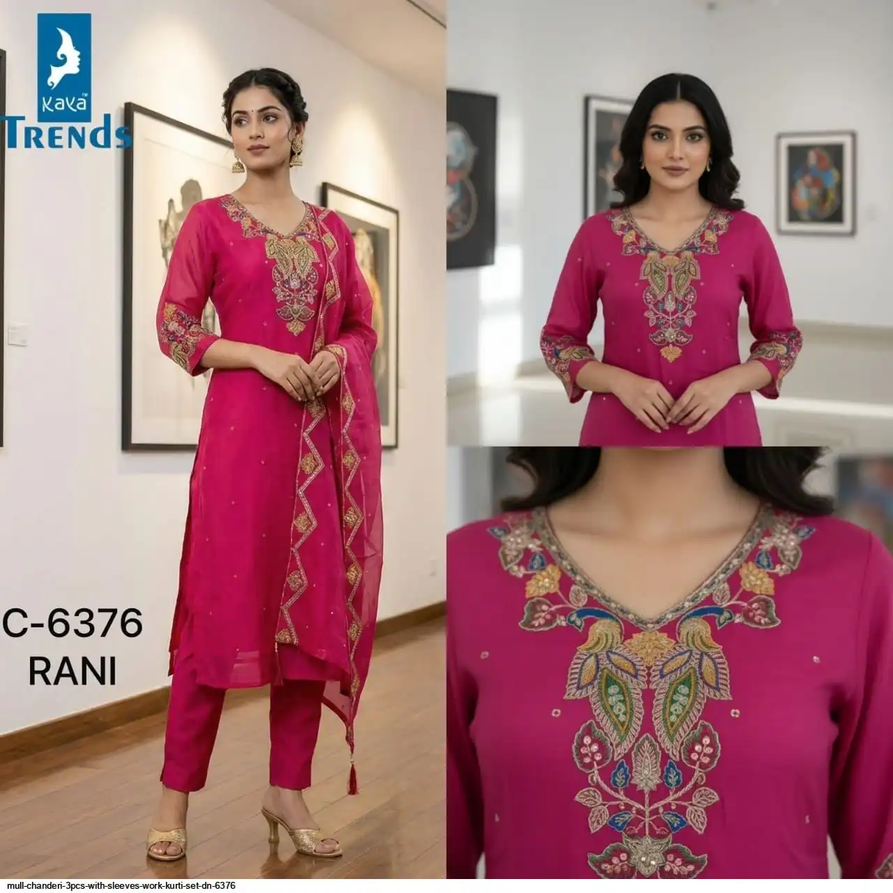 MULL CHANDERI 3PCS WITH SLEEVES WORK KURTI SET DN 6376 B