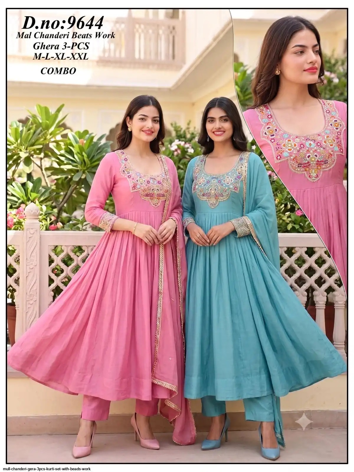 MULL CHANDERI GERA 3PCS KURTI SET WITH BEADS WORK B