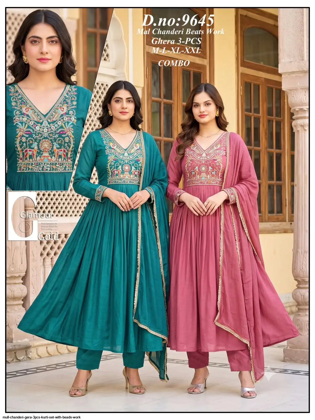 MULL CHANDERI GERA 3PCS KURTI SET WITH BEADS WORK D