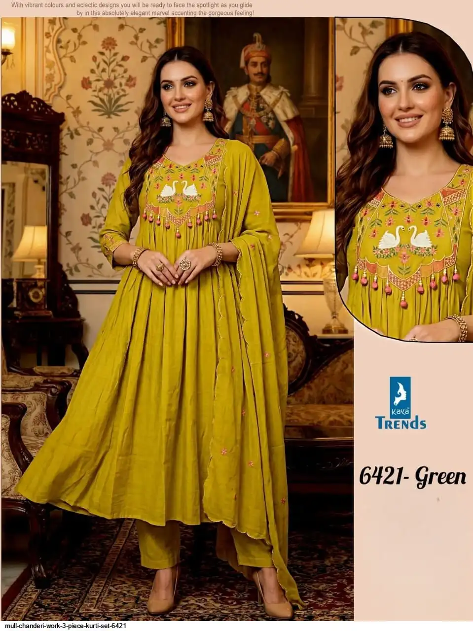 MULL CHANDERI WORK 3 PIECE KURTI SET 6421 C