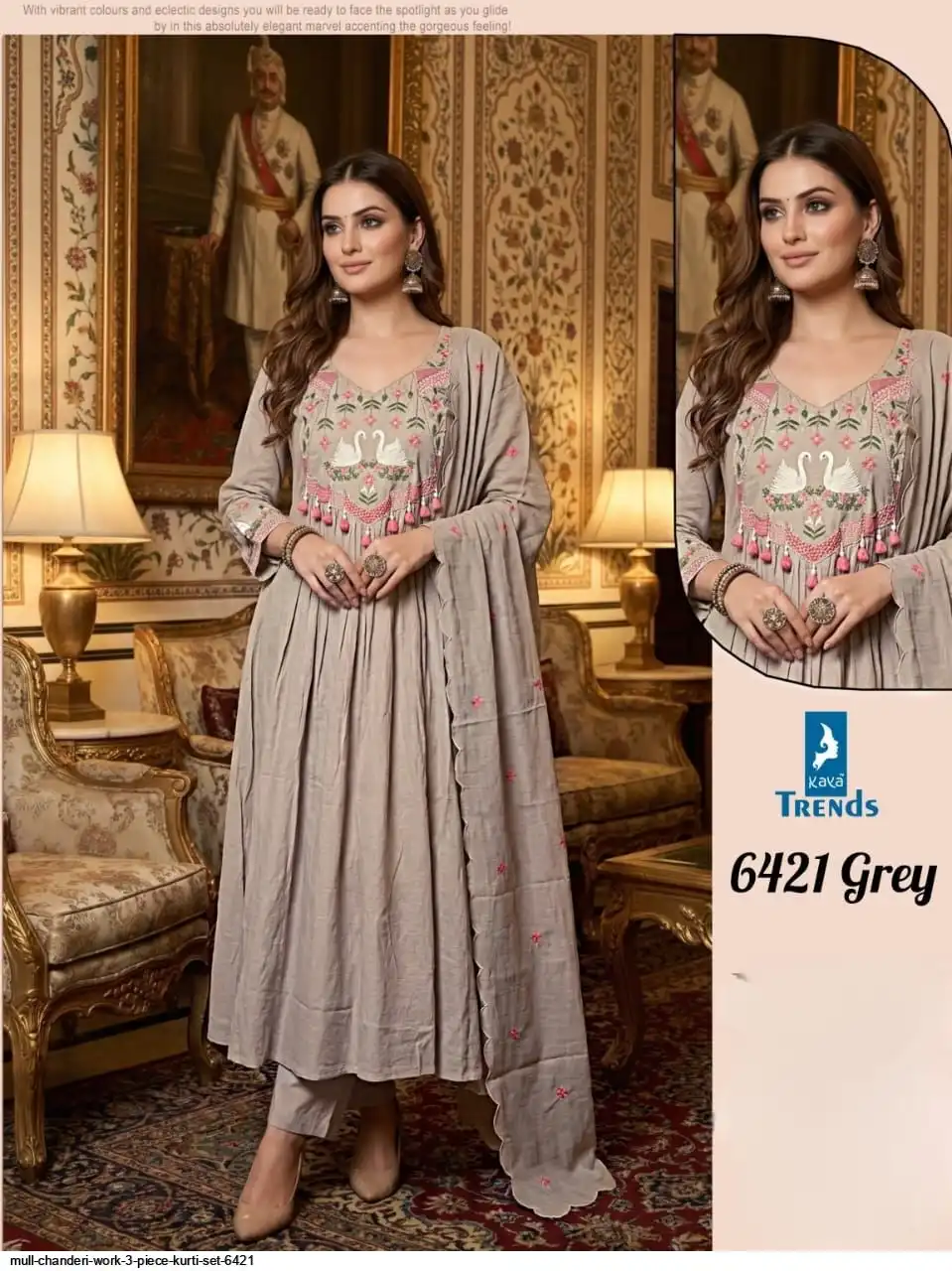 MULL CHANDERI WORK 3 PIECE KURTI SET 6421 B