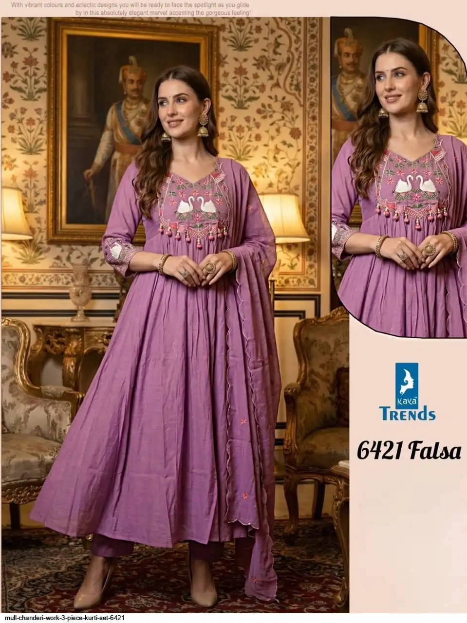 MULL CHANDERI WORK 3 PIECE KURTI SET 6421 D